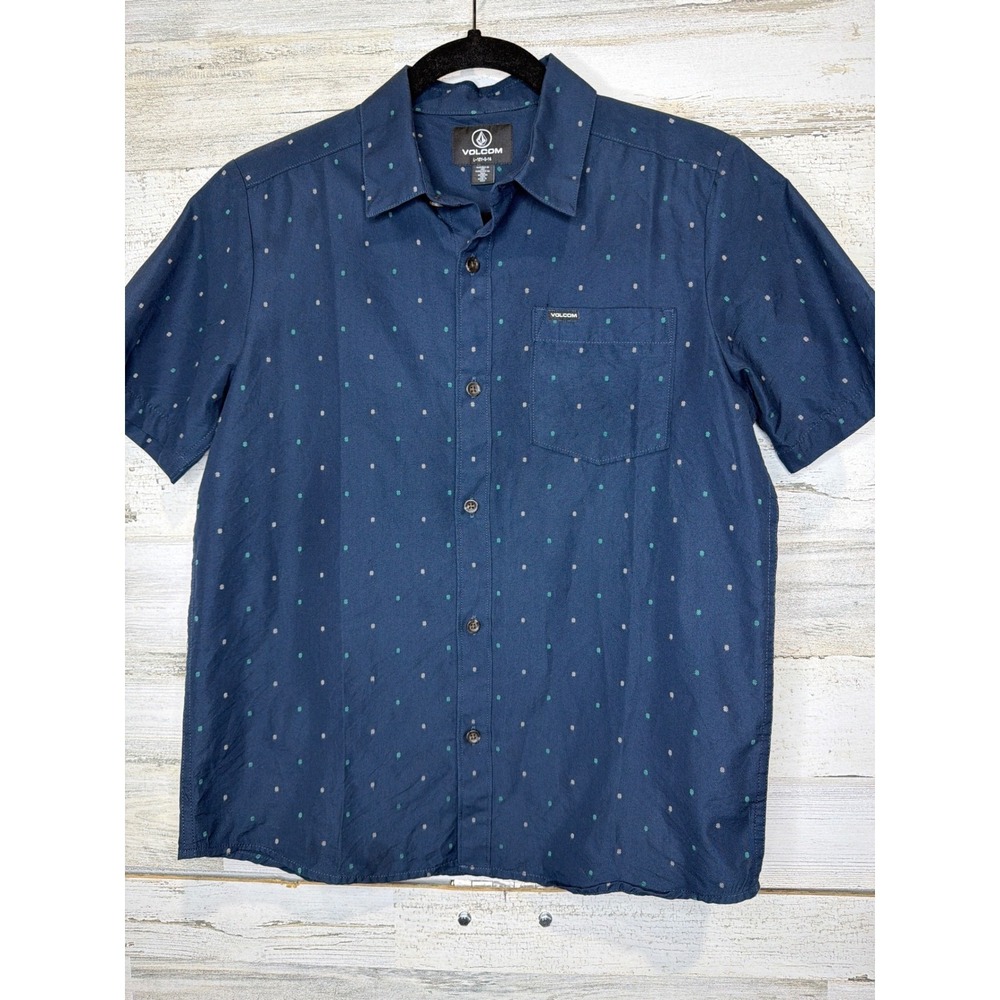Volcom Button Up Shirt Boys Large 12 Blue Dot Skater Surf EUC